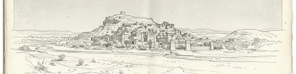Graphite pencil sketch banner of Aït Ben Haddou