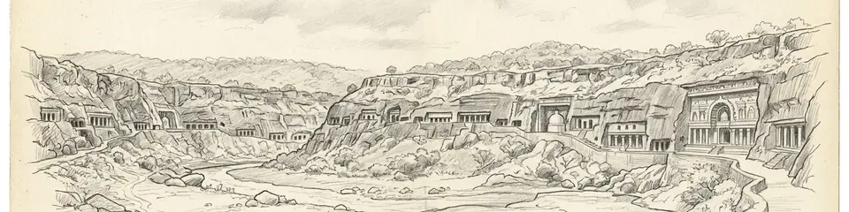 Graphite pencil sketch banner of Ajanta Caves