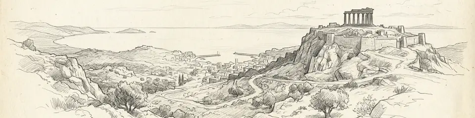 Graphite pencil sketch banner of Assos