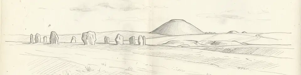 Graphite pencil sketch banner of Avebury