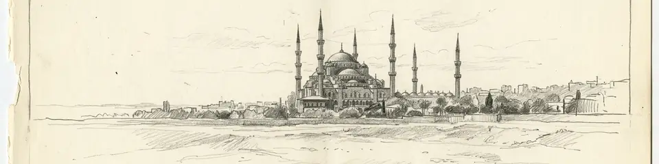Graphite pencil sketch banner of Blue Mosque