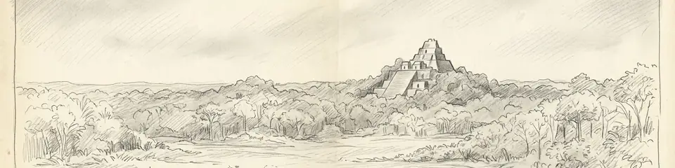 Graphite pencil sketch banner of Calakmul
