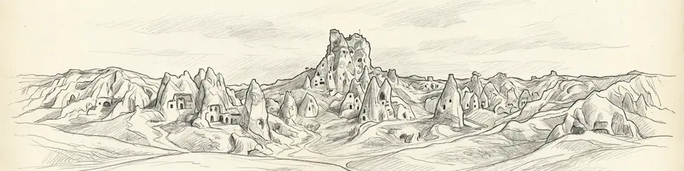 Graphite pencil sketch banner of Cappadocia (Goreme Open Air Museum)