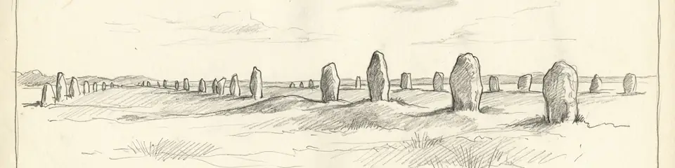 Graphite pencil sketch banner of Carnac Stones