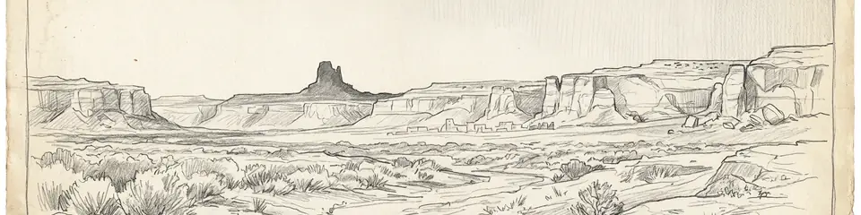 Graphite pencil sketch banner of Chaco Canyon
