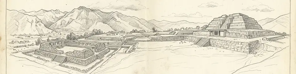 Graphite pencil sketch banner of Chavin de Huantar