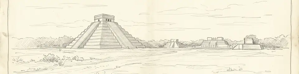 Graphite pencil sketch banner of Chichén Itzá