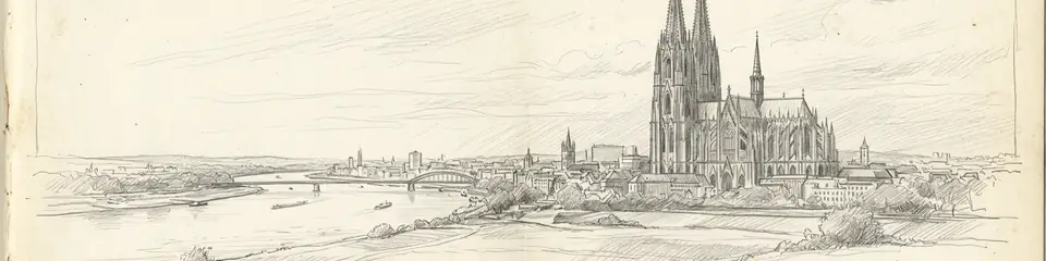 Graphite pencil sketch banner of Cologne Cathedral
