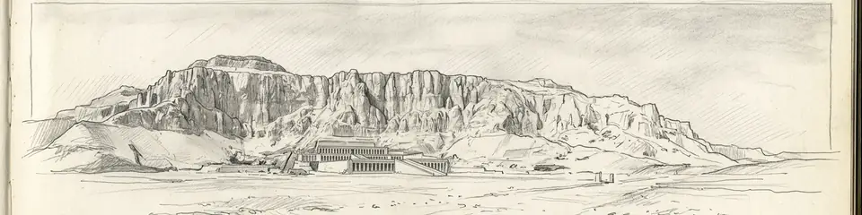 Graphite pencil sketch banner of Deir el-Bahari