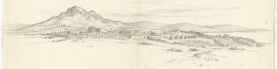 Graphite pencil sketch banner of Delos