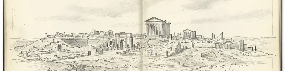 Graphite pencil sketch banner of Dougga