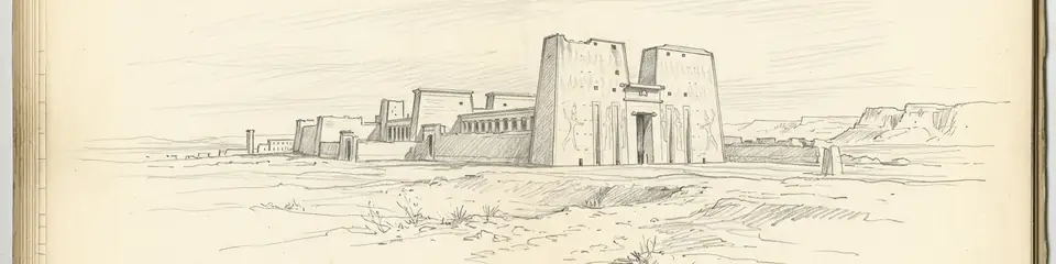 Graphite pencil sketch banner of Temple of Edfu