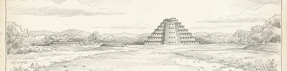 Graphite pencil sketch banner of El Tajin