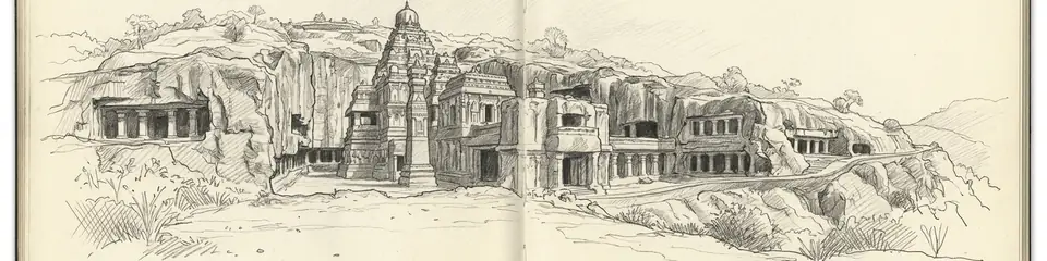 Graphite pencil sketch banner of Ellora Caves