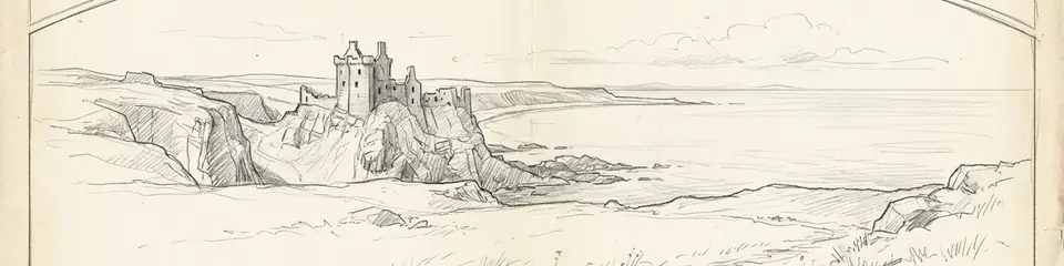 Graphite pencil sketch banner of Findlater Castle