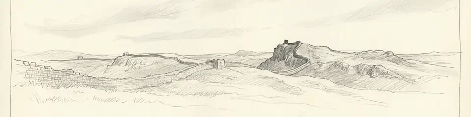 Graphite pencil sketch banner of Hadrian's Wall