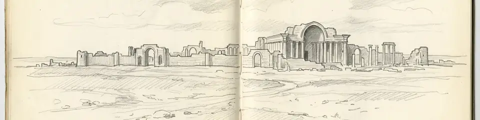 Graphite pencil sketch banner of Hatra