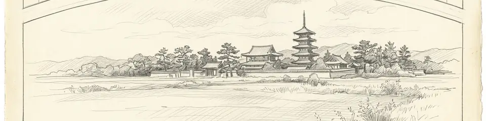 Graphite pencil sketch banner of Horyu-ji