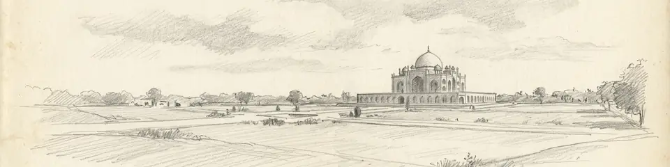 Graphite pencil sketch banner of Humayun's Tomb
