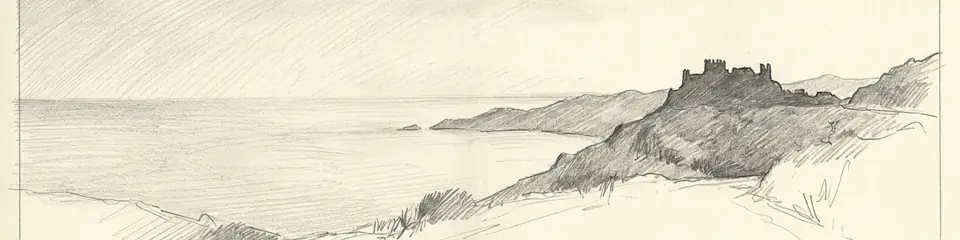 Graphite pencil sketch banner of Ithaca