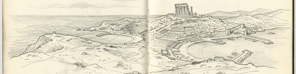 Graphite pencil sketch banner of Knidos