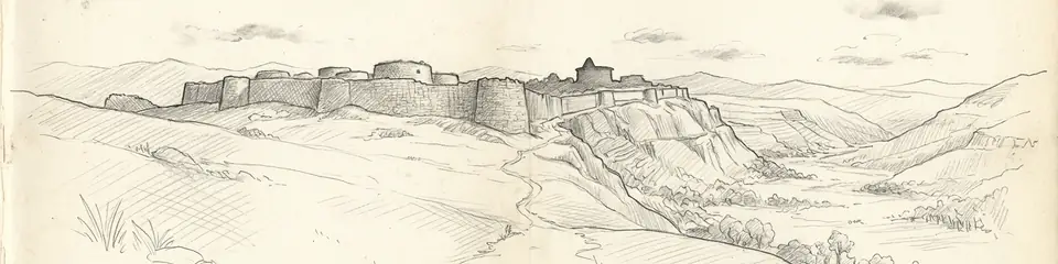 Graphite pencil sketch banner of Kuelap