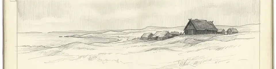 Graphite pencil sketch banner of L'Anse aux Meadows