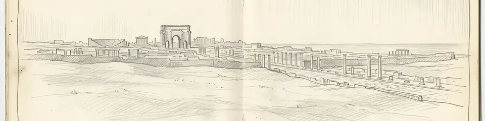 Graphite pencil sketch banner of Leptis Magna