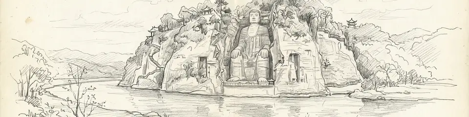 Graphite pencil sketch banner of Leshan Giant Buddha