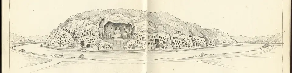 Graphite pencil sketch banner of Longmen Grottoes