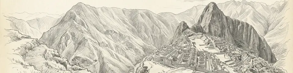 Graphite pencil sketch banner of Machu Picchu