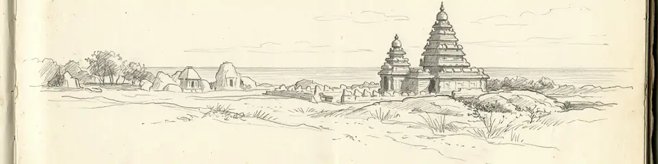 Graphite pencil sketch banner of Mahabalipuram