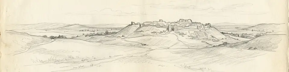 Graphite pencil sketch banner of Tel Megiddo