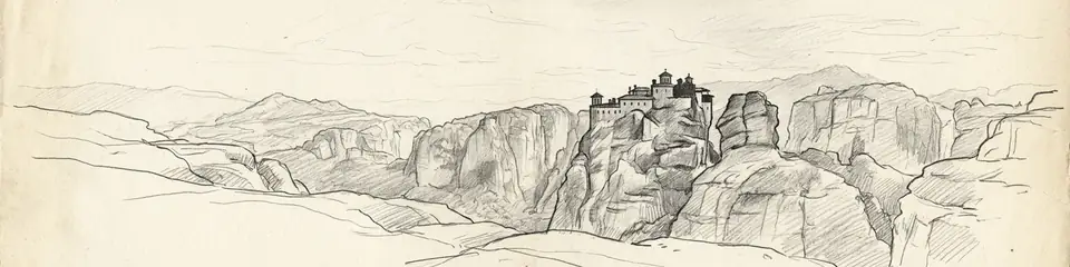 Graphite pencil sketch banner of Meteora