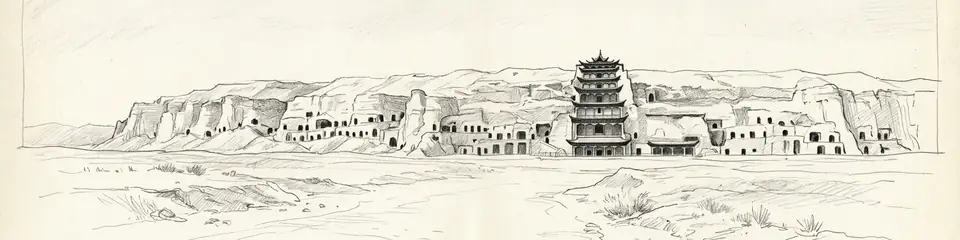 Graphite pencil sketch banner of Mogao Caves