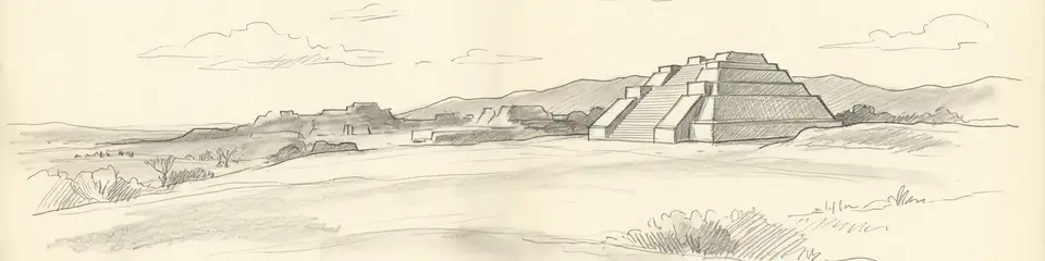 Graphite pencil sketch banner of Monte Albán