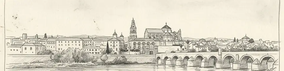 Graphite pencil sketch banner of Mosque–Cathedral of Córdoba