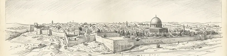 Graphite pencil sketch banner of Old City of Jerusalem