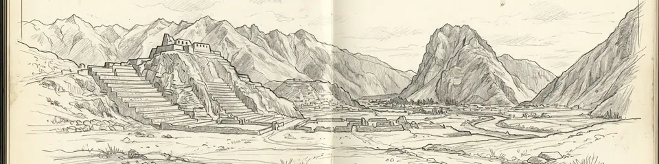 Graphite pencil sketch banner of Ollantaytambo