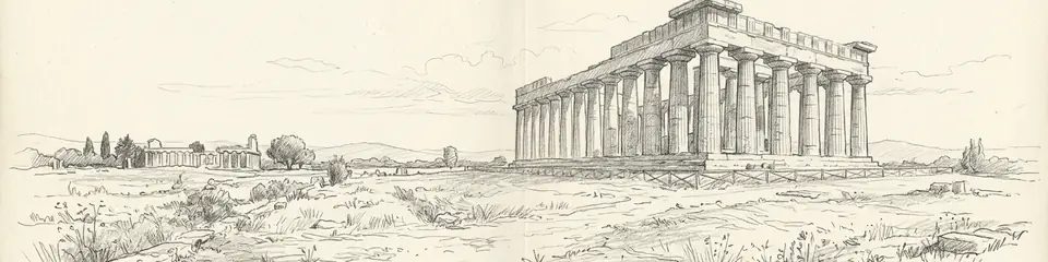 Graphite pencil sketch banner of Paestum