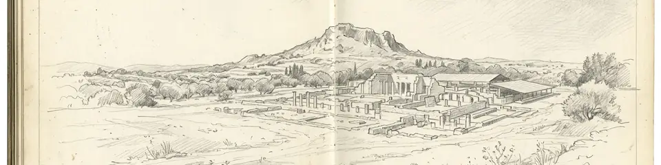 Graphite pencil sketch banner of Palace of Nestor