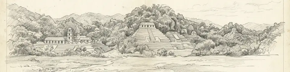 Graphite pencil sketch banner of Palenque