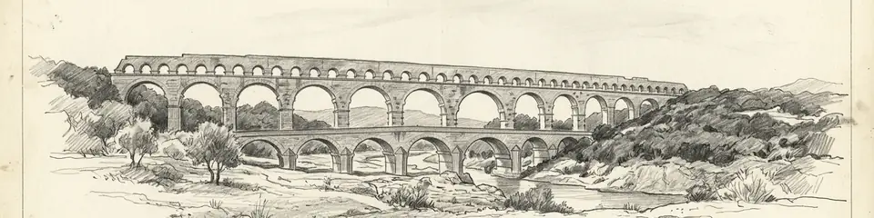 Graphite pencil sketch banner of Pont du Gard