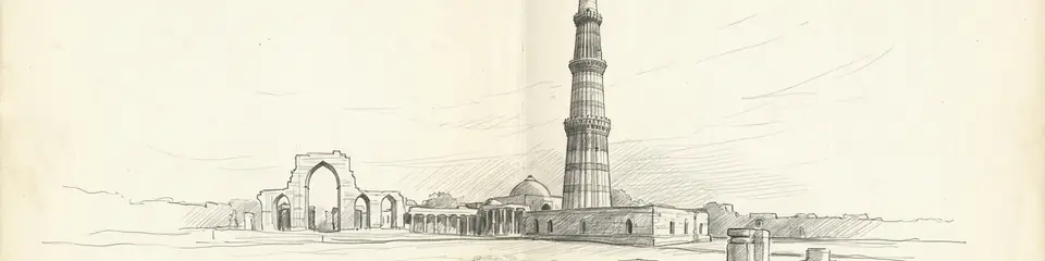 Graphite pencil sketch banner of Qutb Minar