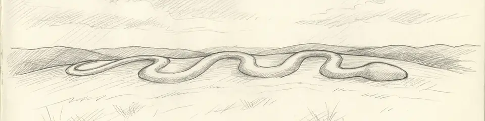 Graphite pencil sketch banner of Serpent Mound