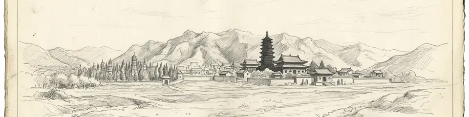 Graphite pencil sketch banner of Shaolin Monastery