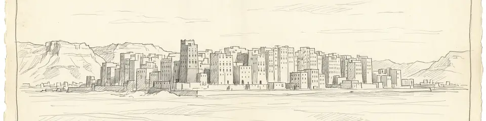 Graphite pencil sketch banner of Shibam
