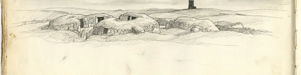 Graphite pencil sketch banner of Skara Brae