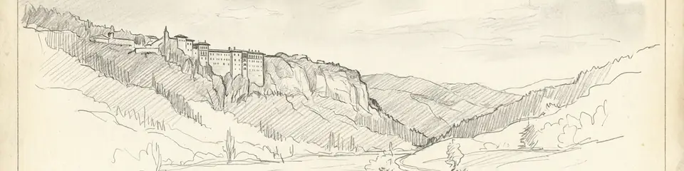 Graphite pencil sketch banner of Sümela Monastery