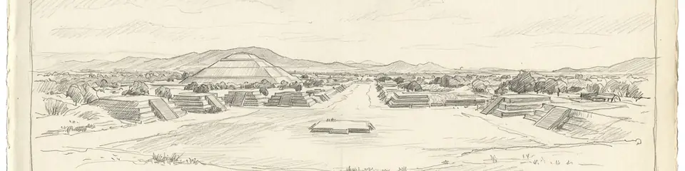 Graphite pencil sketch banner of Teotihuacan